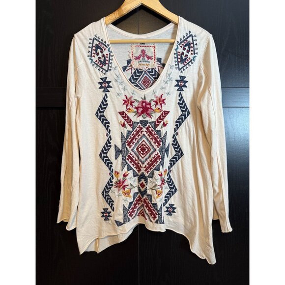 Johnny Was Tops - Johnny Was Women's Embroidered Long Sleeve Blouse Large Asymmetrical Hem Boho